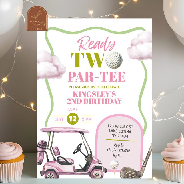 Rosa golfbarns två par-tee födelsedag inbjudningar (Skapare uppladdad)