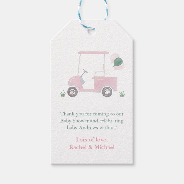 Rosa golfkärra för baby shower presentkort presentetikett (Framsidan)
