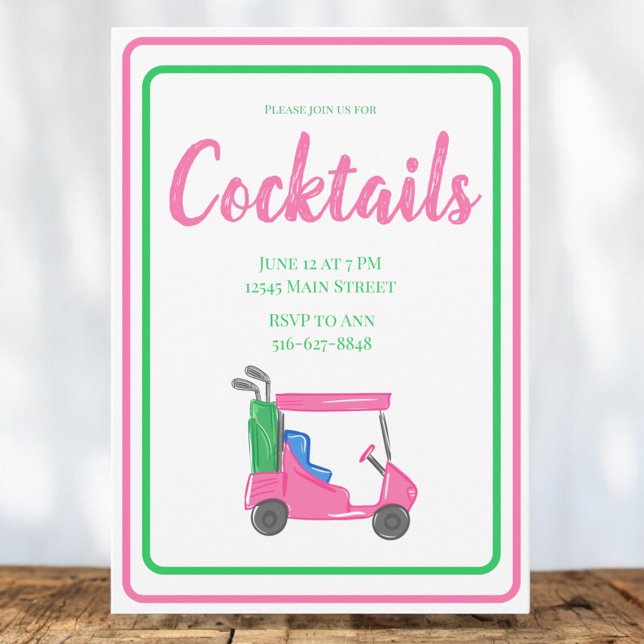 Rosa golfvagn cocktailparty / Fin rosa grön Inbjudningar (Skapare uppladdad)