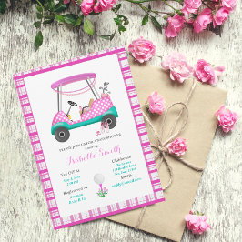Rosa golfvagn med babysaker Babyshower Inbjudningar