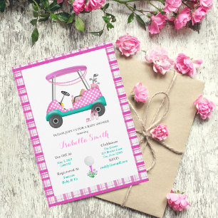 Rosa golfvagn med babysaker Babyshower Inbjudningar