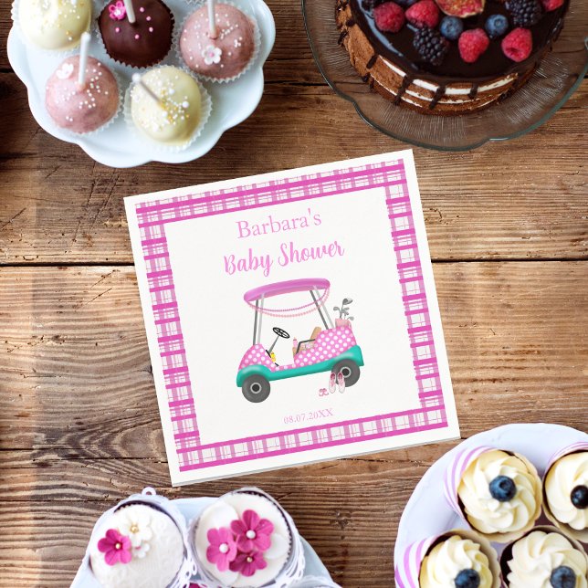 Rosa golfvagn med babysaker Babyshower Pappersservett (Skapare uppladdad)