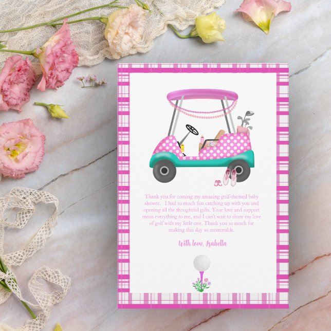 Rosa golfvagn med babysaker Babyshower Tack Kort (Skapare uppladdad)
