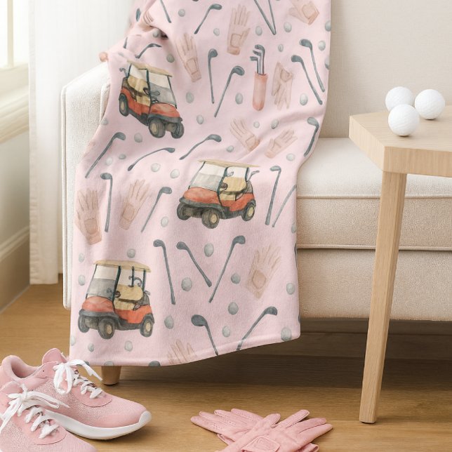 Rosa golfvagnsmönster dam golfare  fleecefilt (Soft landings after tee time where pink gear, cozy fleece, and golf dreams come home to rest.)