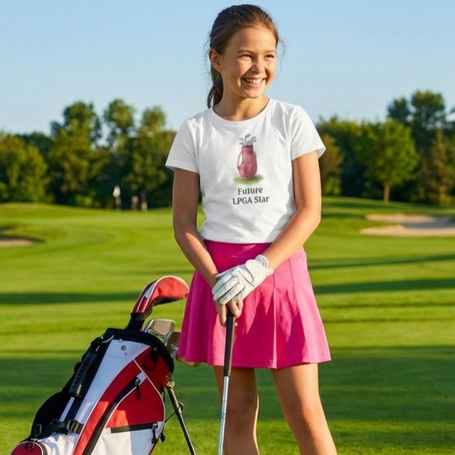 Rosa golfväska Junior Ungdom Flicka  T Shirt (Junior girl golf shirt.  Watercolor illustrated golf bag and "Future  LPGA star" slogan )