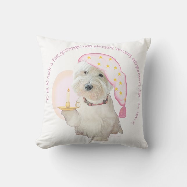 Rosa Goodnight Westie med ljus- och rundbeklädnad Kudde (Framsida)