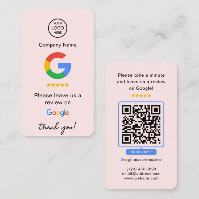 Rosa Google granskar QR-kod - granskning av företa Visitkort (Fram/baksida)