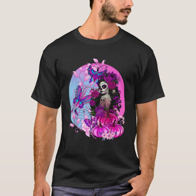 Rosa Goth Halloween Sugar Skull med Spindelnät, me T Shirt (Framsida)