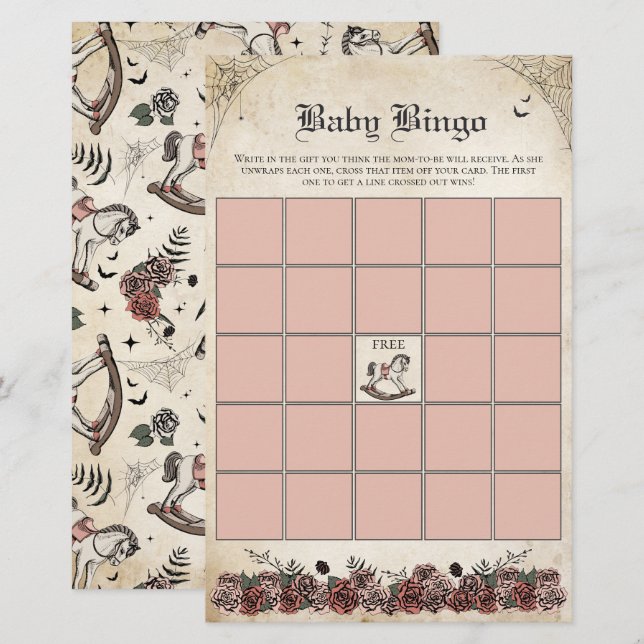 Rosa Gothic Baby Shower Rocking Horse Baby Bingo (Fram/baksida)