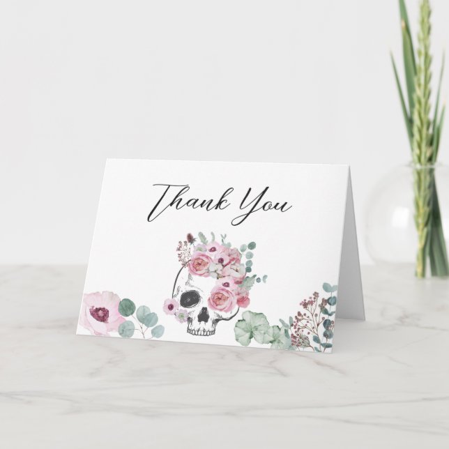 Rosa Gothic Blommigt Skull Baby Shower Tack Kort (Framsida)