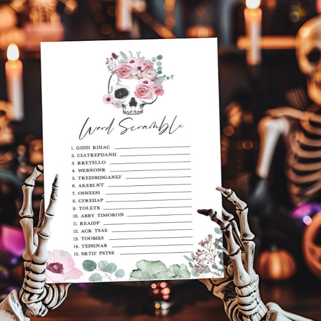 Rosa Gothic Blommigt Skull Ord-bildspel (Floral Skull Baby Shower Word Scramble Game)