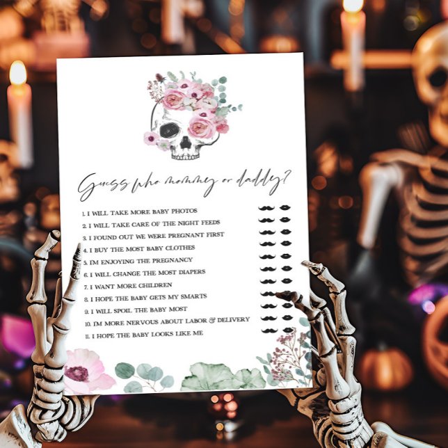 Rosa Gothic Skull Gissa vem Mamma eller pappa Game (Floral Skull Baby Shower Guess who Mommy or Daddy Game)