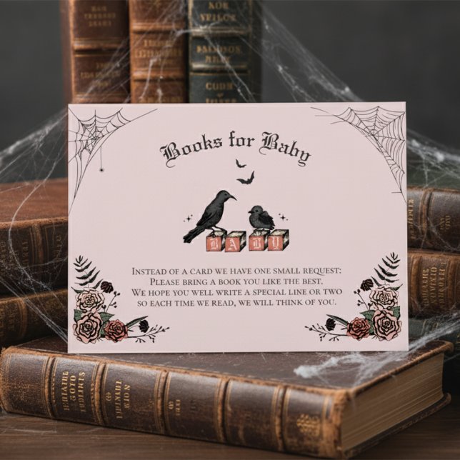 Rosa gotisk babyfirande Baby Raven-böcker för bebi Tilläggskort (Cute Floral Gothic Halloween Baby Shower Books for Baby Pink Enclosure Card. Black Raven & Baby Bird)