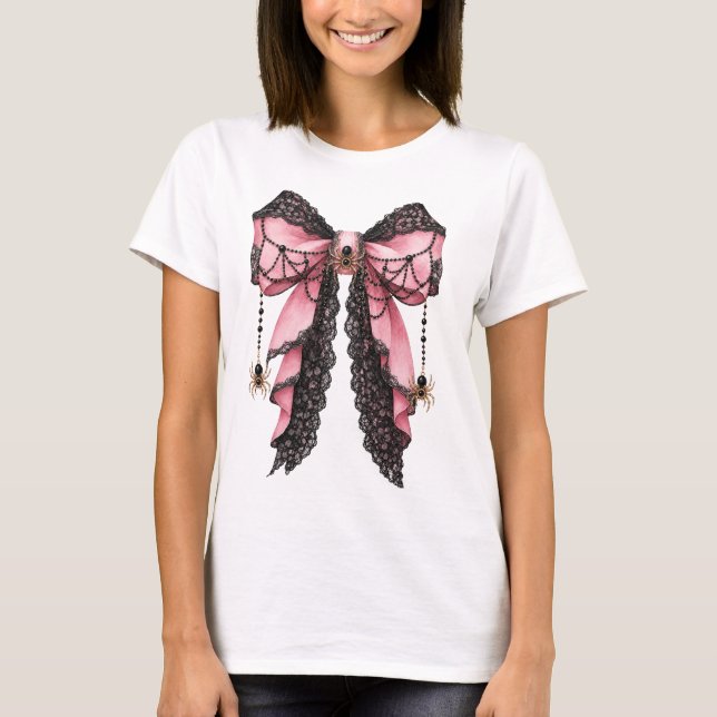 Rosa gotisk coquette spindel båge estetisk Hallowe T Shirt (Framsida)