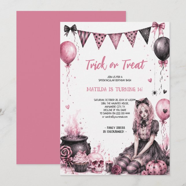 Rosa gotisk Halloween-flicka födelsedagsfest Inbjudningar (Fram/baksida)