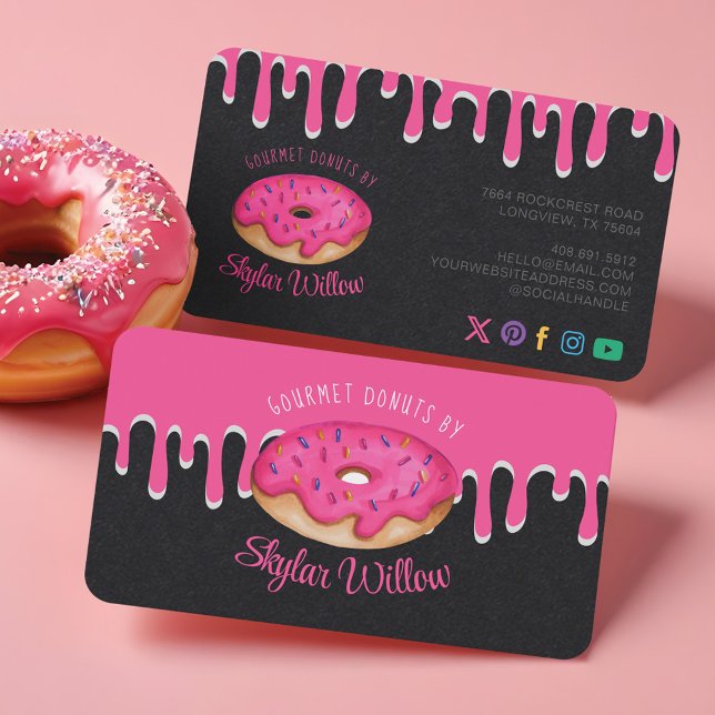 Rosa Gourmet Sprinkle Donut Rosa Drives Bakery Visitkort (Pink Gourmet Sprinkle Donut Pink Drips Bakery Business Card)
