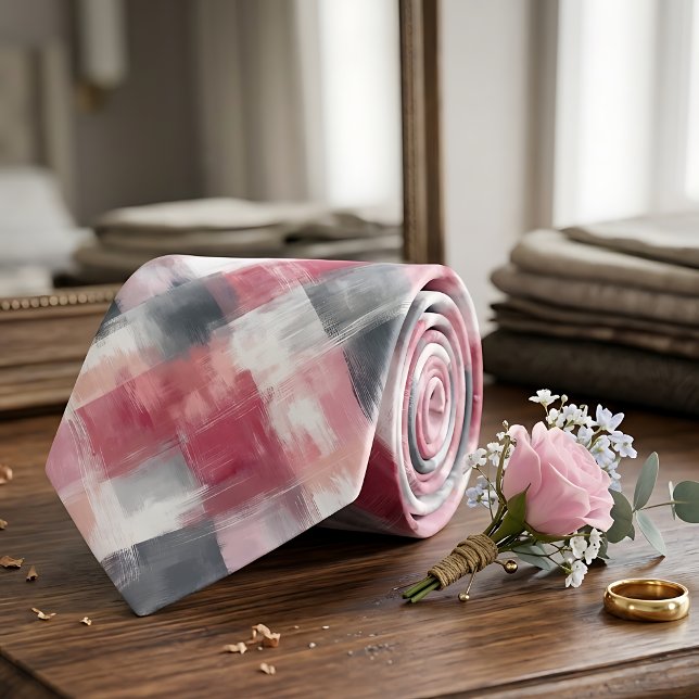 Rosa & grå abstrakt Gingham herrkrage Slips (Skapare uppladdad)