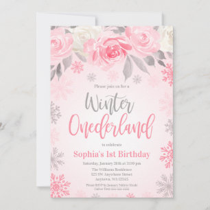 Rosa grå blommande vinter ONEderland 1-årsfest Inbjudningar