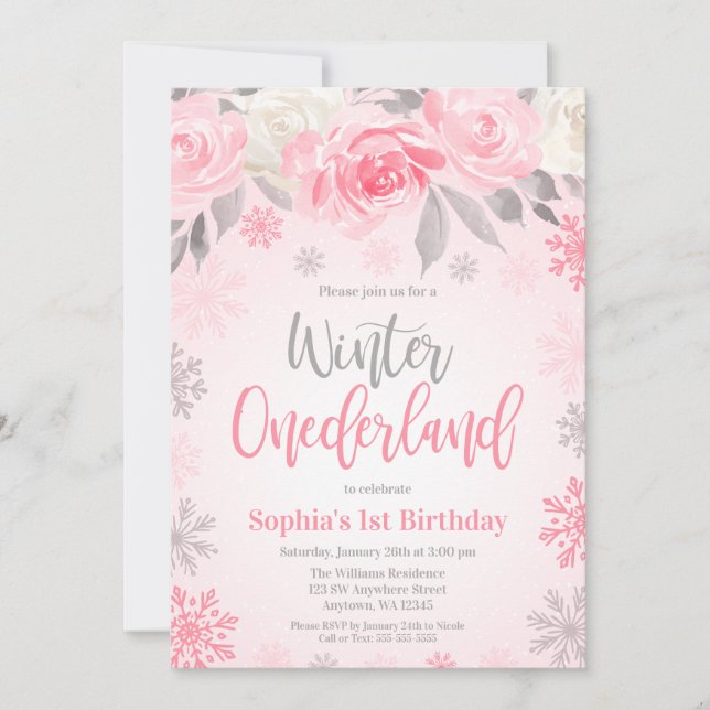 Rosa grå blommande vinter ONEderland 1-årsfest Inbjudningar (Framsida)