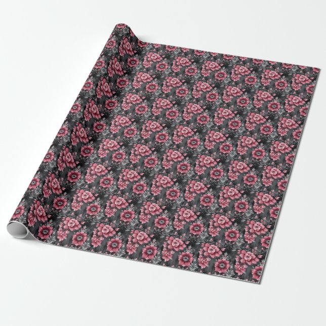 Rosa & Grå Blommor Presentpapper (Utrullad)