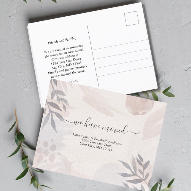 Rosa Grå Boho Botanisk Akvarell Flytt  Meddelande Vykort (Boho Pink Gray Watercolor Abstract Sjhapes Botanical Postcard Moving Announcement)