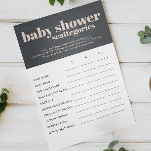 Rosa Grå Boho Typografi Baby Scattegories Lek Flygblad