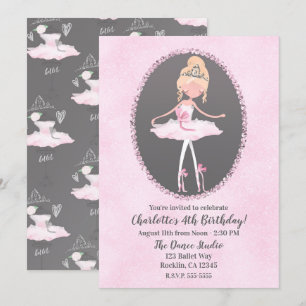 Rosa & Grå Couture Ballerina Födelsedagsfest Inbjudningar