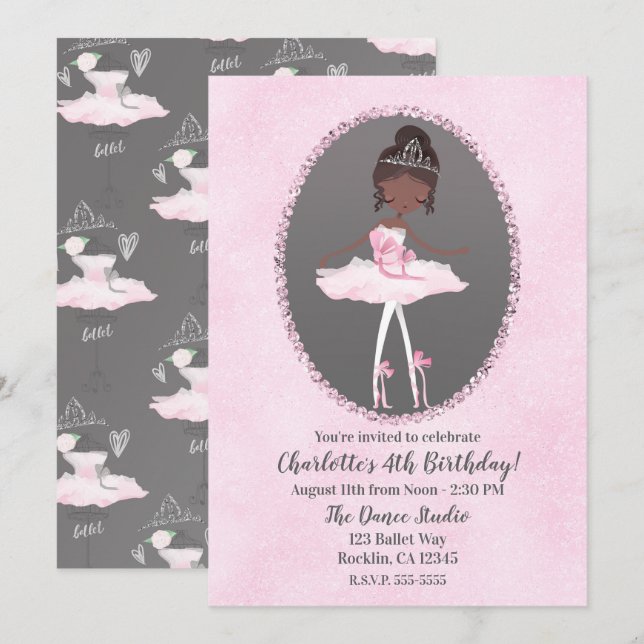 Rosa & Grå Couture Mörka Balett Rosa Födelsedagsfe Inbjudningar (Fram/baksida)