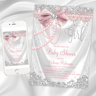 Rosa grå diamantpärl flickig baby shower inbjudningar