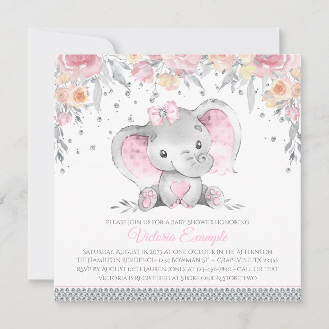 Rosa grå elefant diamant blommig baby shower inbjudningar (Framsida)