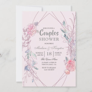 Rosa & Grå Geometrisk Blommig Krans Par Babyshower Inbjudningar