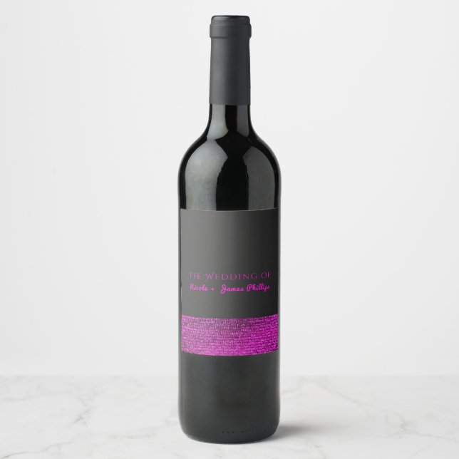 Rosa & Grå Modern Glamör Sequins Elegant Vin Etike Vinflaska Etikett (Framsida)