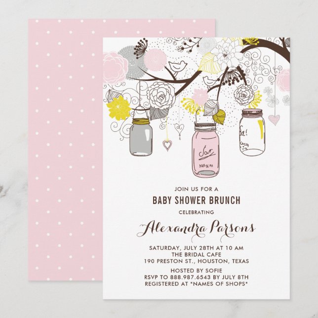 Rosa & Grå Murarvas Floral Baby Shower Brunch Inbjudningar (Fram/baksida)