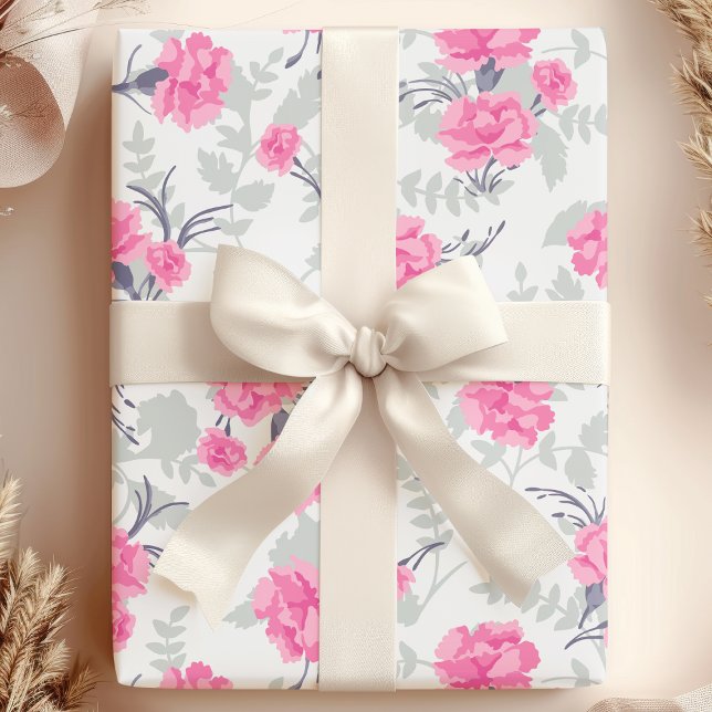 Rosa & Grå Nejlikablommig Blomma Presentpapper (Skapare uppladdad)