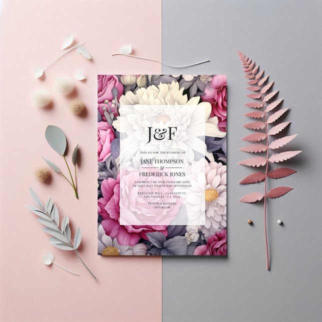 Rosa, grå och elfenbensfärgad blommonogram för brö inbjudningar (Pink, Grey and Ivory Floral Wedding Monogram Invitation)