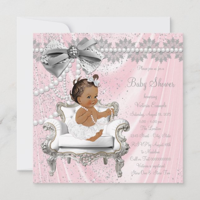 Rosa Grå Pärlstol Etnisk Flick Baby Shower Inbjudningar (Framsida)