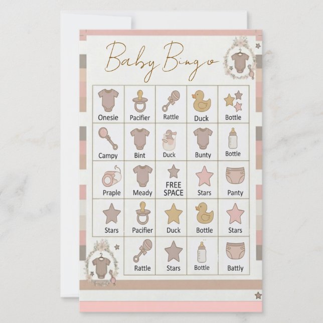 Rosa grå ränder Baby Bingo-spel  (Framsida)