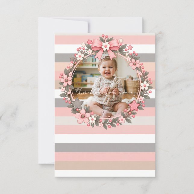 Rosa grå ränder Blommig Foto Baby Shower Tack Kort (Framsida)