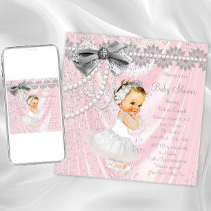 Rosa grå satin pärl liten dam baby shower inbjudningar