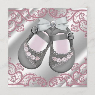 Rosa grå skor virvlar Rosa grå Baby Girl Shower Inbjudningar