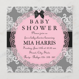 Rosa & Grå Vintage Chic Baby Shower Inbjudan