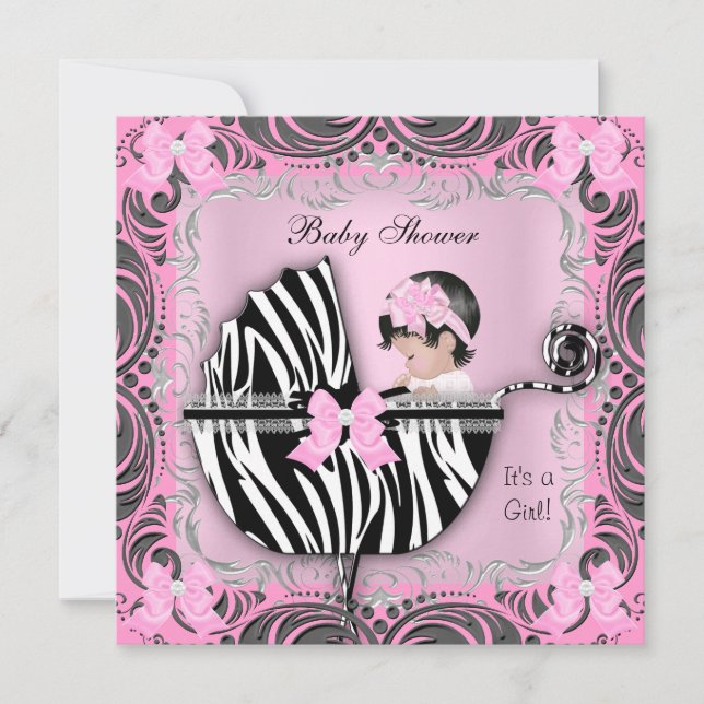 Rosa Grå Zebra Bebis Baby Shower Söt Baby Flicka Inbjudningar (Framsida)