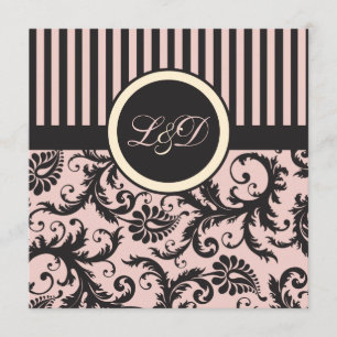 Rosa, grädde, Grått Rand Damask Monogrammed Inbjudningar