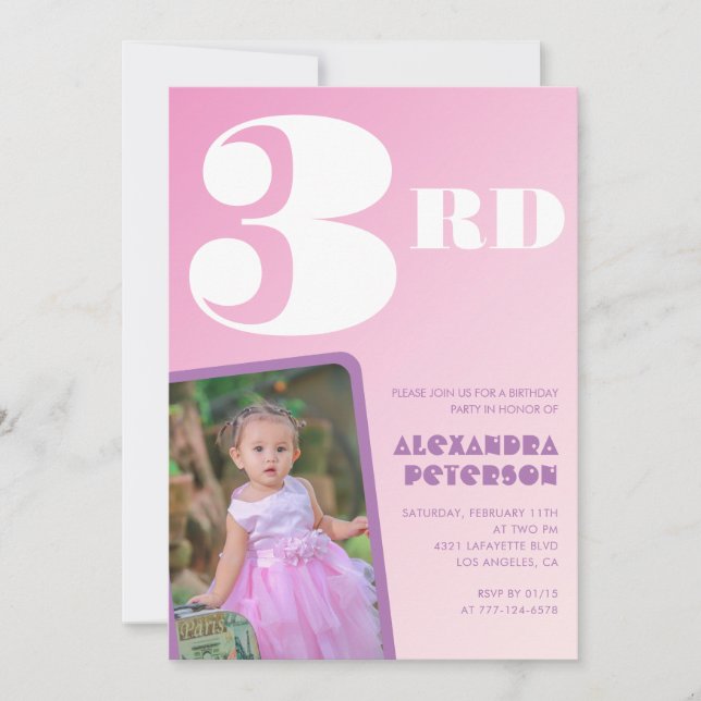 Rosa gradient 3-års födelsedagsinbjudningar flicka inbjudningar (Framsida)