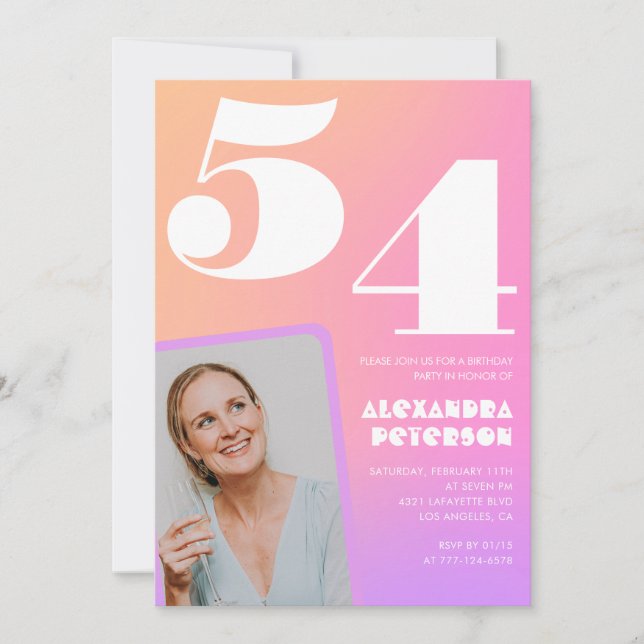 Rosa Gradient 54-årsinbjudan Retro Photo Inbjudningar (Framsida)
