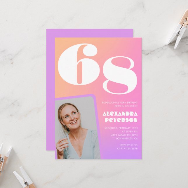 Rosa gradient 68-års födelsedagsinbjudan Retro fot Inbjudningar (Fram/Back In Situ)