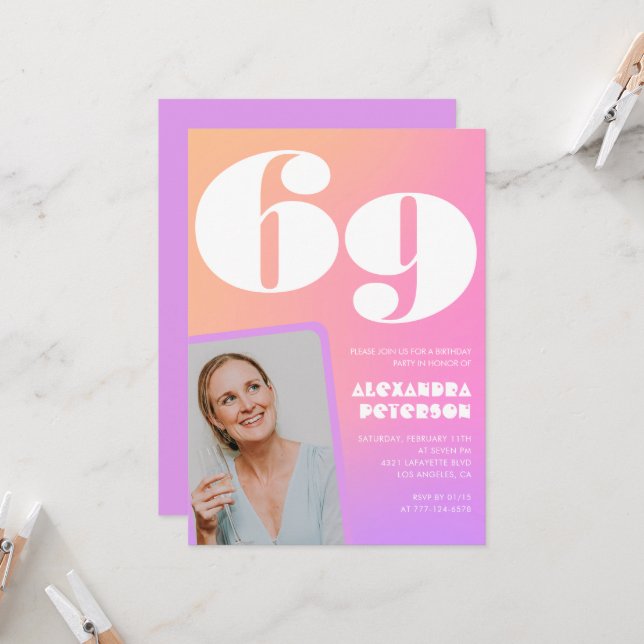 Rosa Gradient 69-årsinbjudan Retro Photo Inbjudningar (Fram/Back In Situ)
