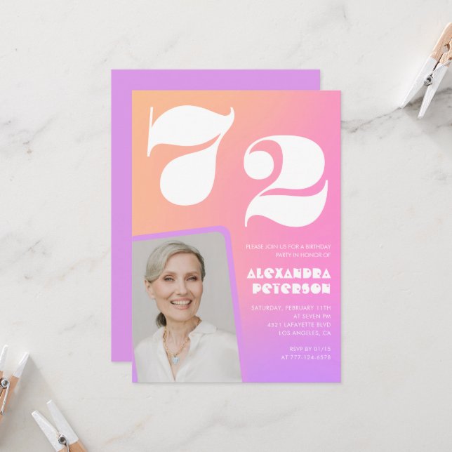 Rosa gradient 72-års födelsedagsinbjudan Retro fot Inbjudningar (Fram/Back In Situ)