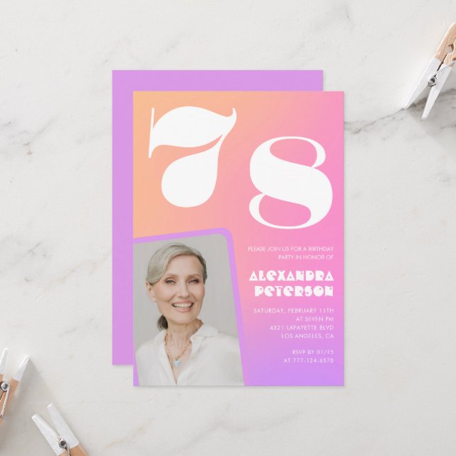 Rosa Gradient 78:e födelsedagsinbjudan Retro Photo Inbjudningar (Fram/Back In Situ)