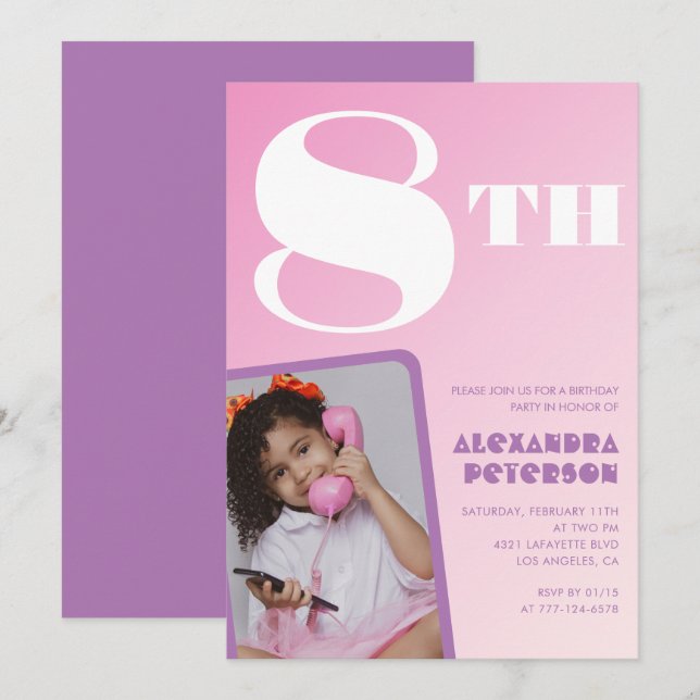 Rosa gradient 8-års inbjudan till flicka Foto (Fram/baksida)